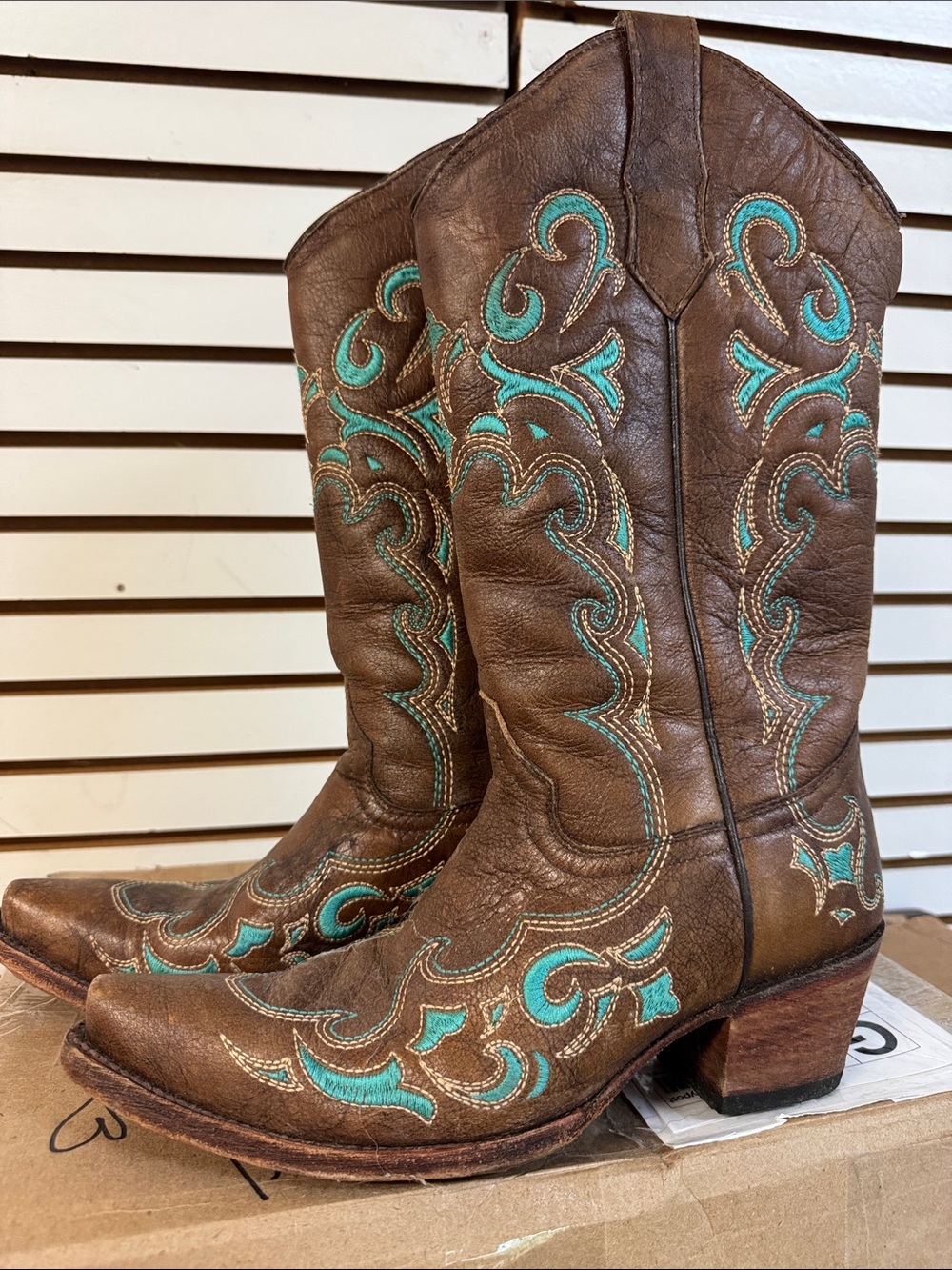 Circle G Brown Leather Western Boots with Turquoise Stitching